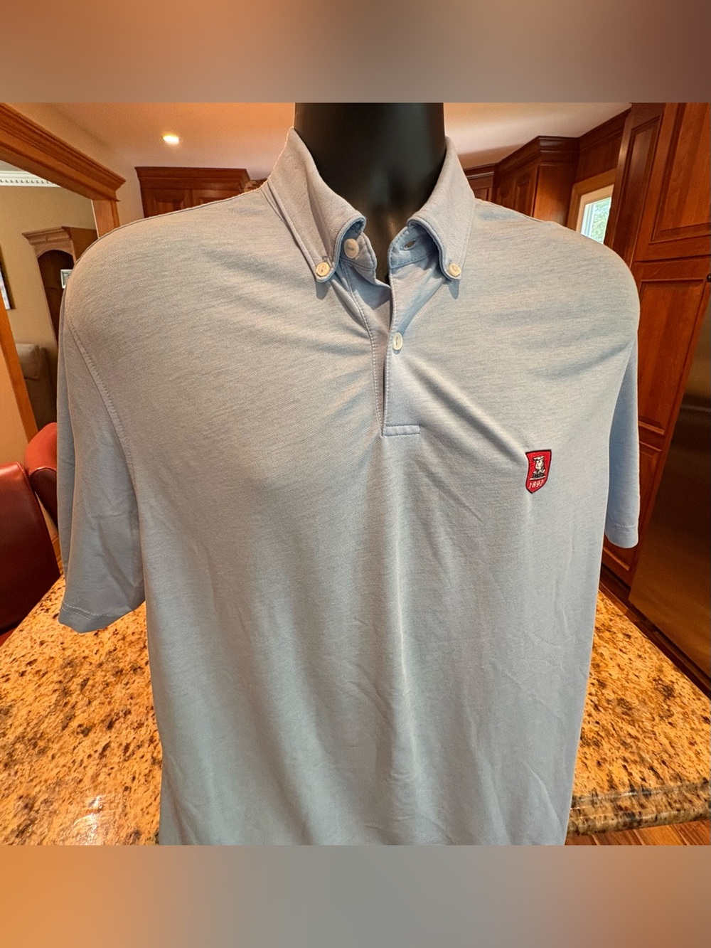 Peter Millar men’s crown crafted golf polo. Sharp sky blue with logo. Medium.